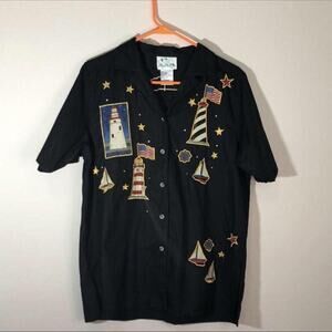 Vintage Quacker Factory Size Medium Embroidered Nautical Stars Lighthouse Shirt